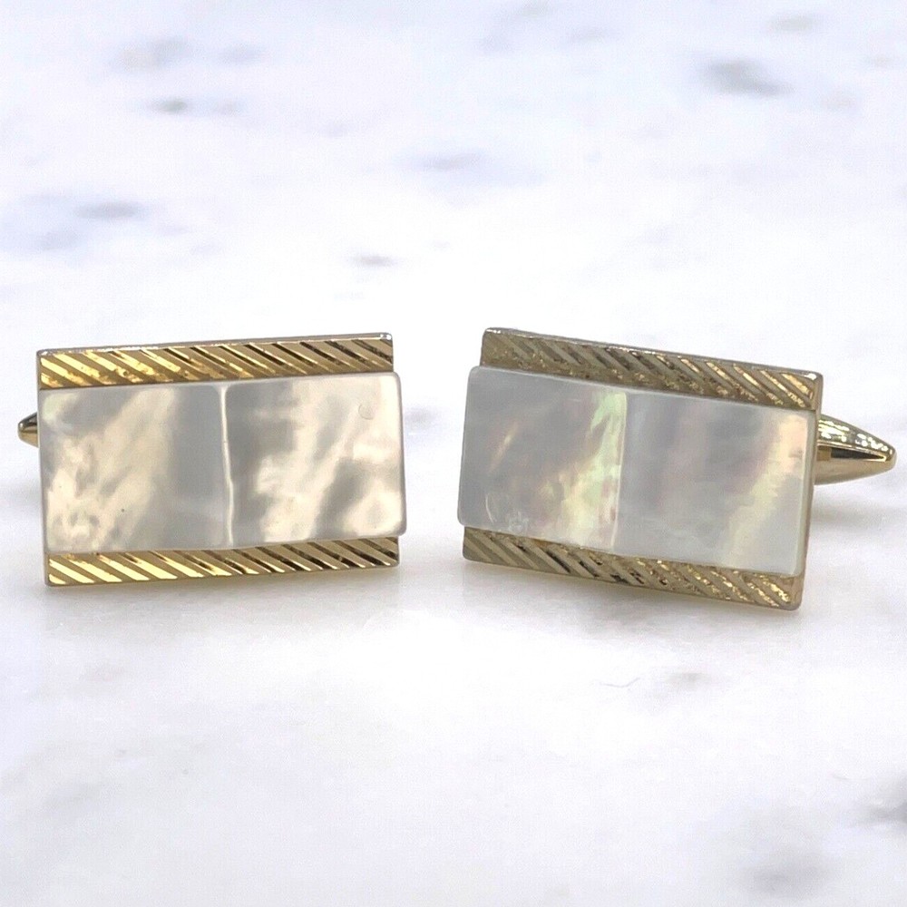 Mens Mother of Pearl Gold Tone Rectangular Bullet Back Cufflinks - Picture 4 of 12